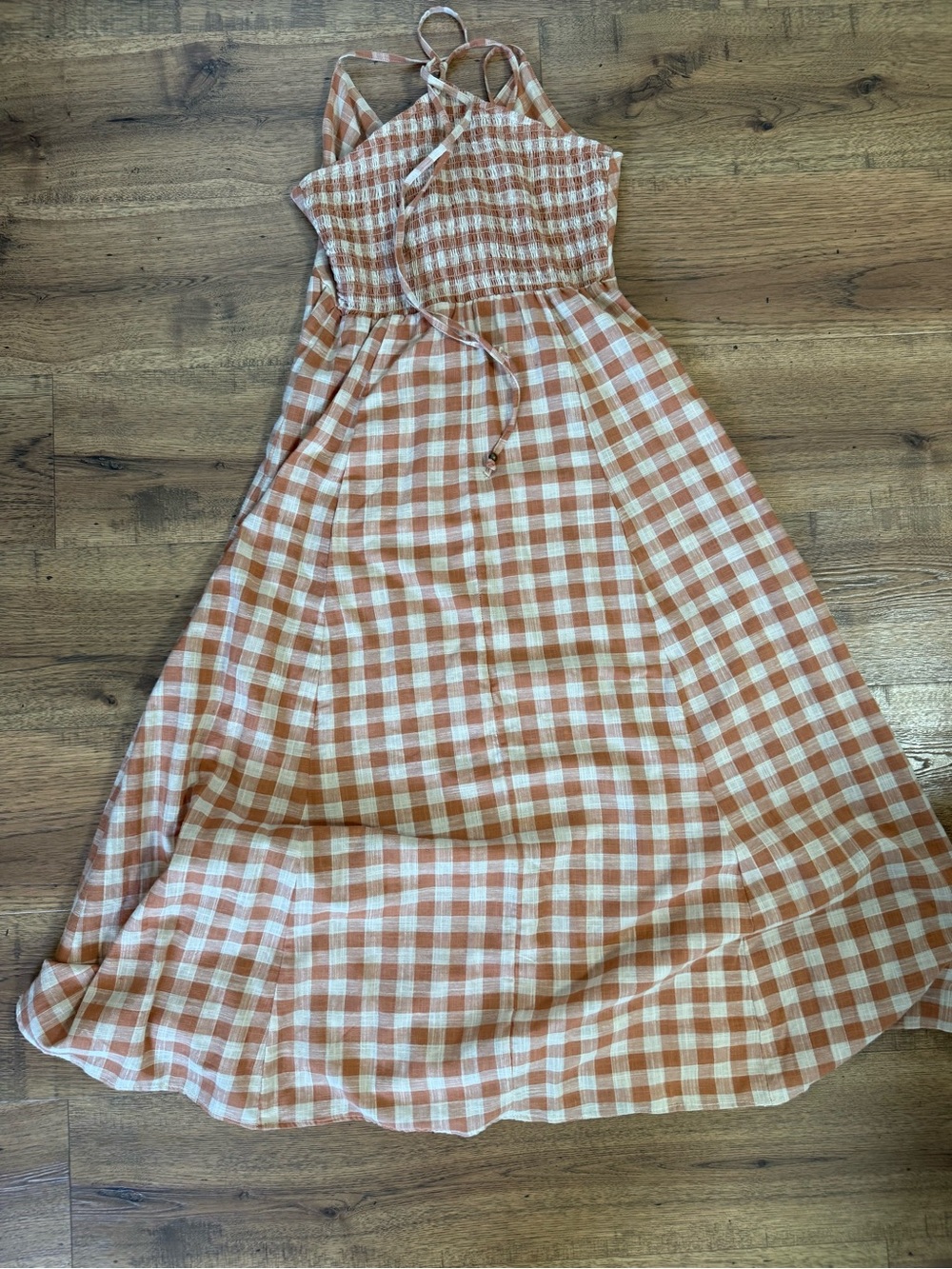 ANGIE  Rust and Cream Plaid Maxi Dress with Front Tie V-Neck Button Cotton M. - Picture 12 of 13